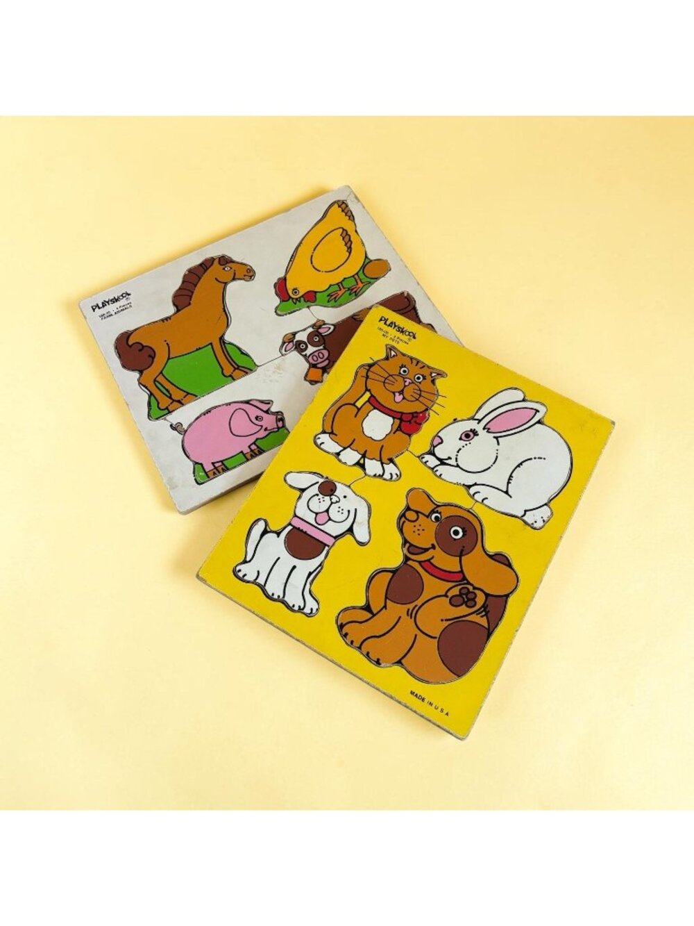 Lot 2 Vintage Playskool Board Wooden Puzzles Animals Farm Preschool Homeschool